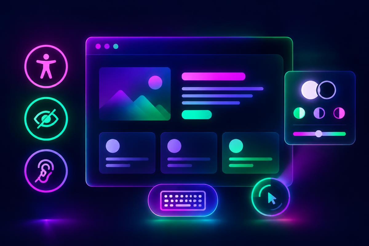 Interfaz web accesible con contraste, teclado y símbolos de accesibilidad