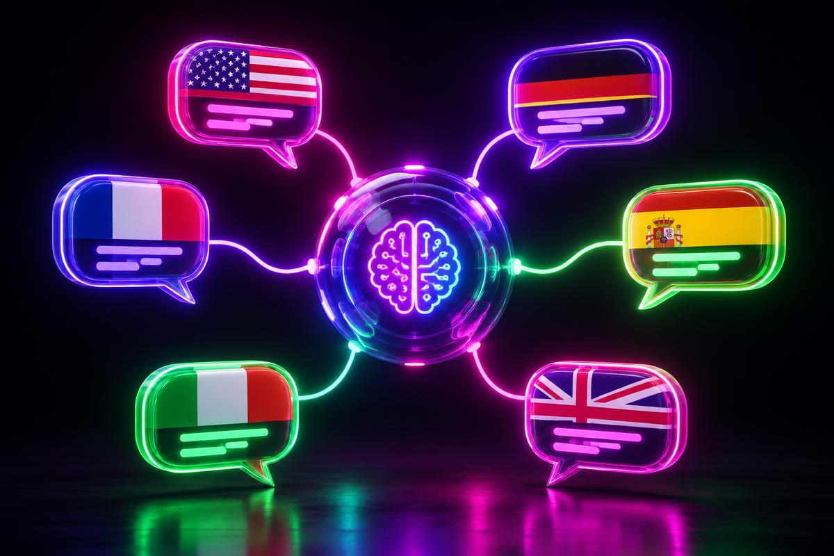 Burbujas de chat en varios idiomas conectadas a un asistente de IA