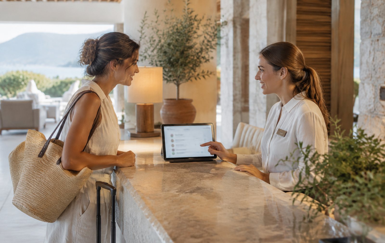 Recepción de hotel mediterráneo luminosa con una tableta mostrando chats en varios idiomas