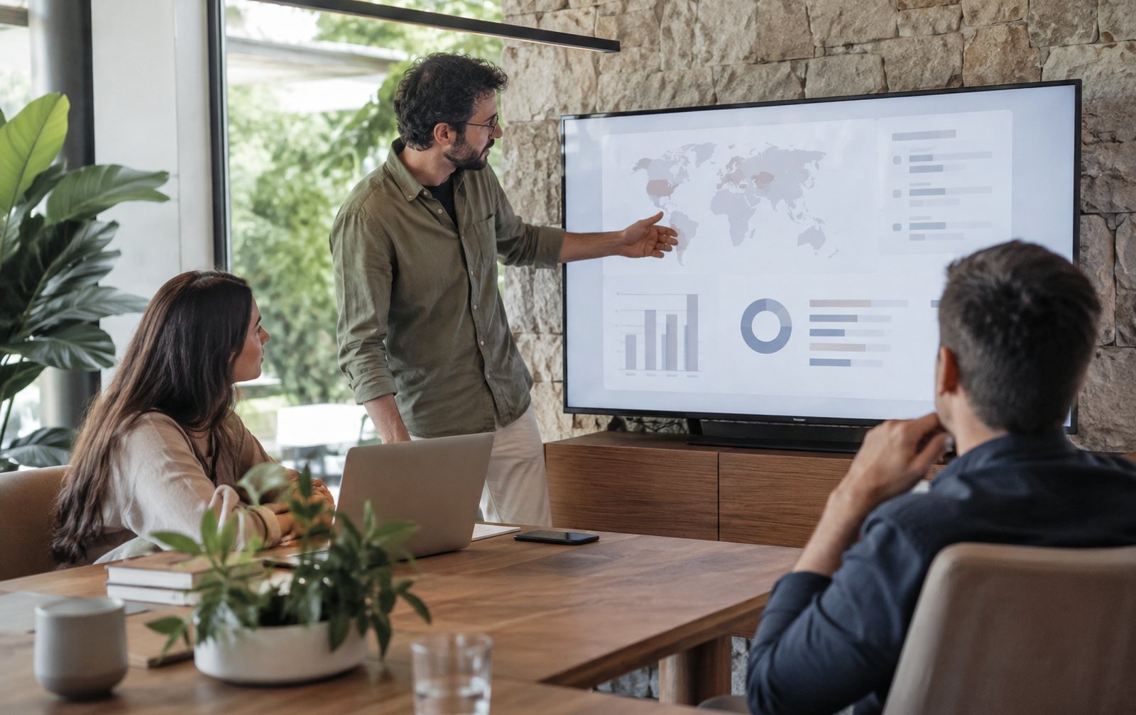 Equipo revisando en un monitor de dónde llegan las ventas