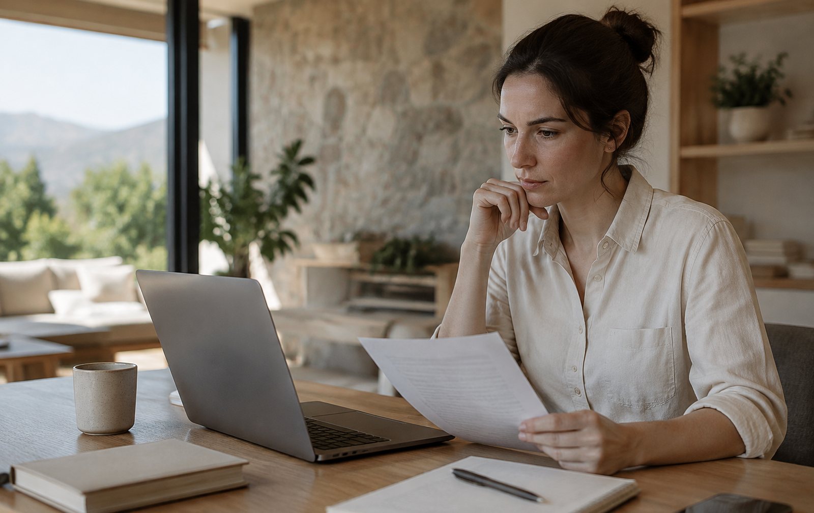 Consultor revisando una lista de auditoría web junto a un portátil