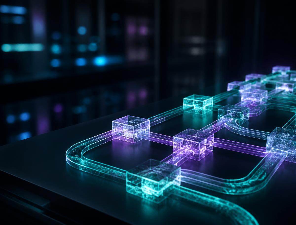 Flujo automatizado de datos con nodos conectados que representa procesos e inteligencia artificial