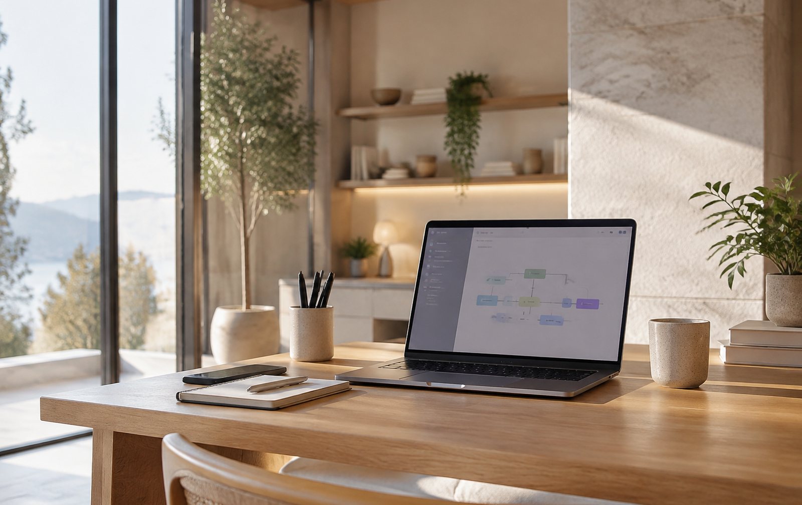 Oficina luminosa con un portátil mostrando procesos automatizados con IA