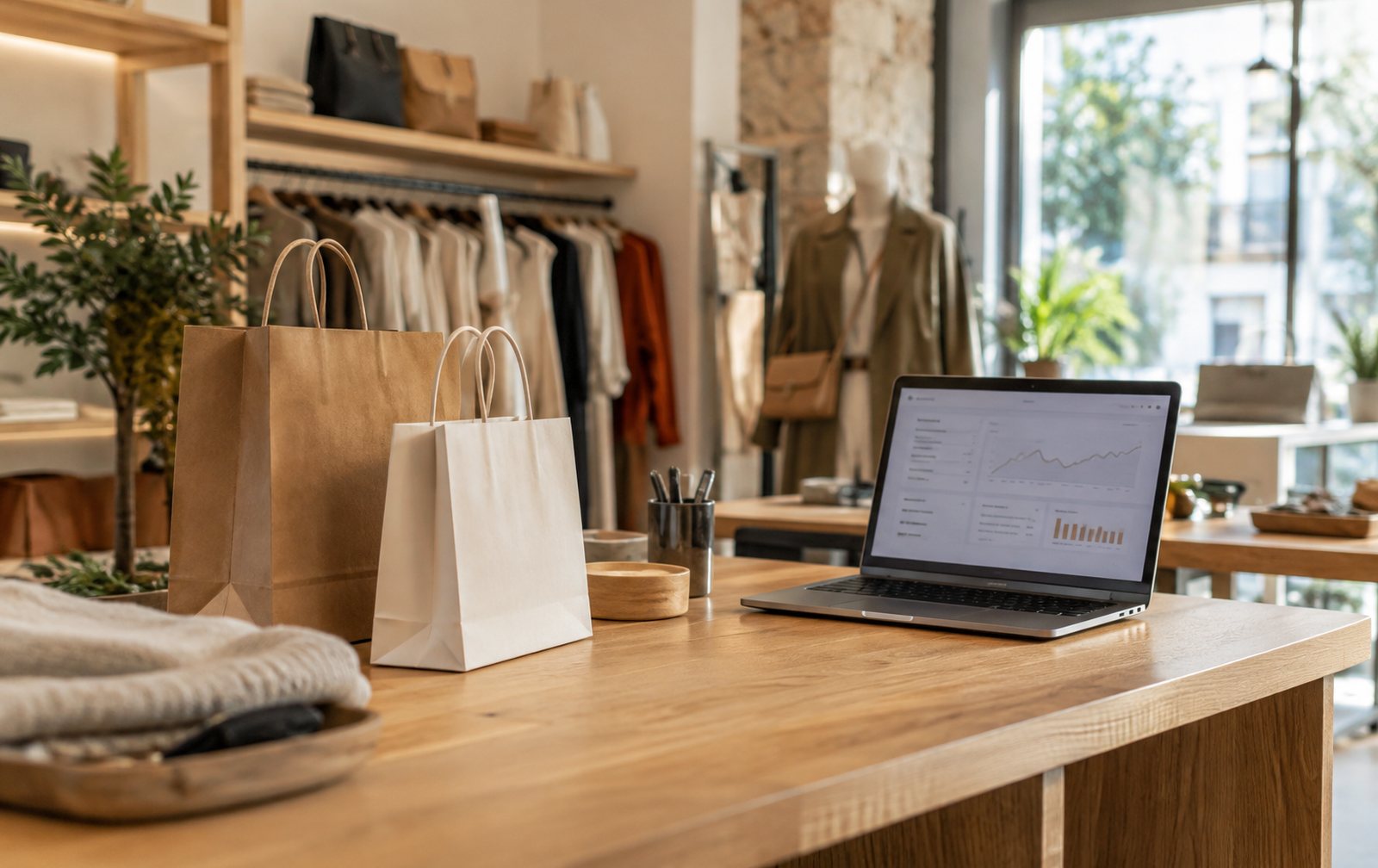 Tienda moderna con bolsas de compra y un portátil con un panel de campañas