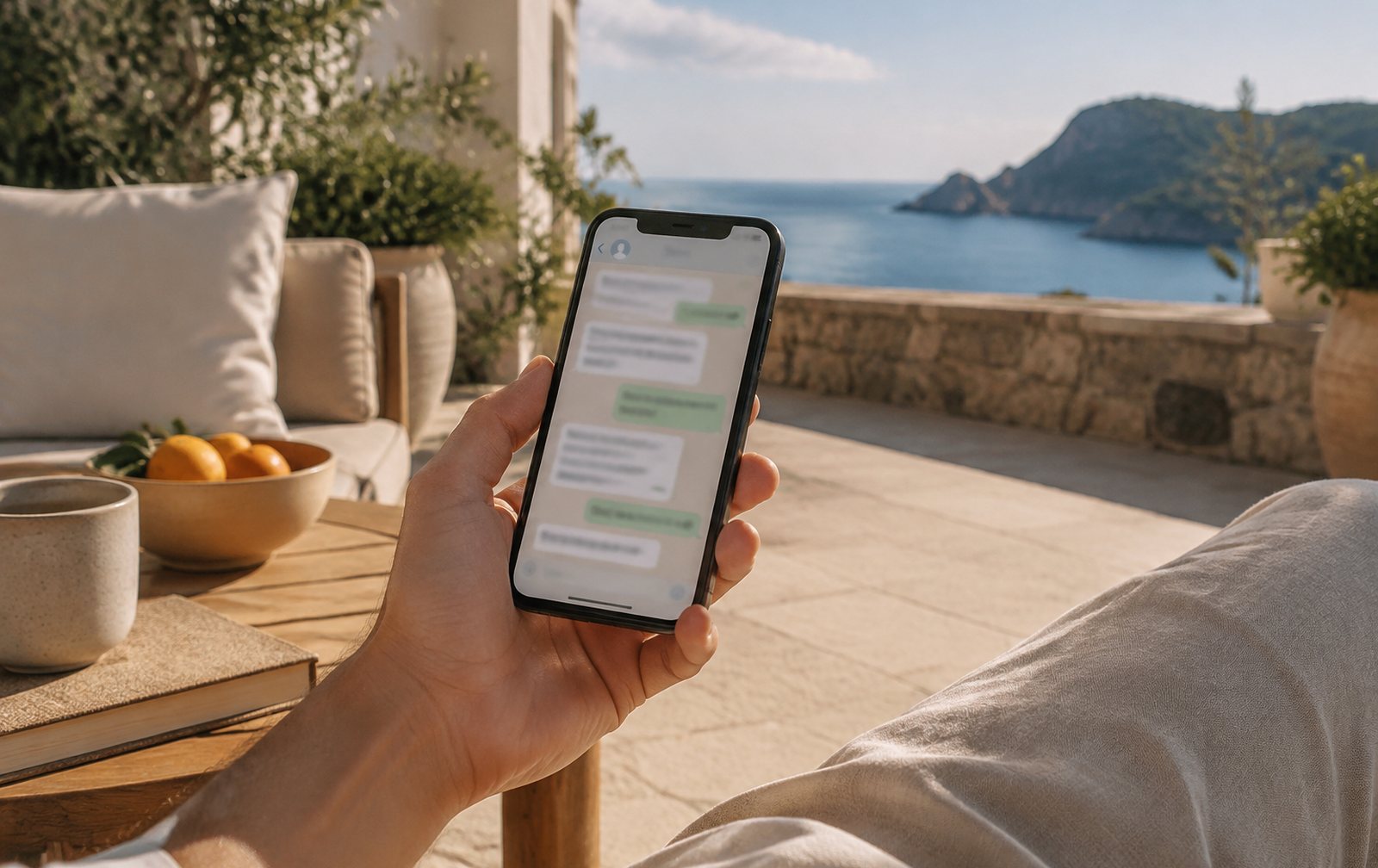 Mano sosteniendo un móvil con una conversación de WhatsApp en una terraza mediterránea soleada