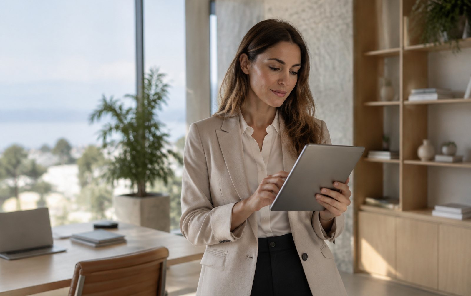Comercial revisando una lista de contactos en una tableta en una oficina luminosa
