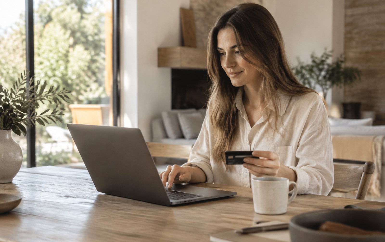Persona pagando una compra online con tarjeta desde el portátil