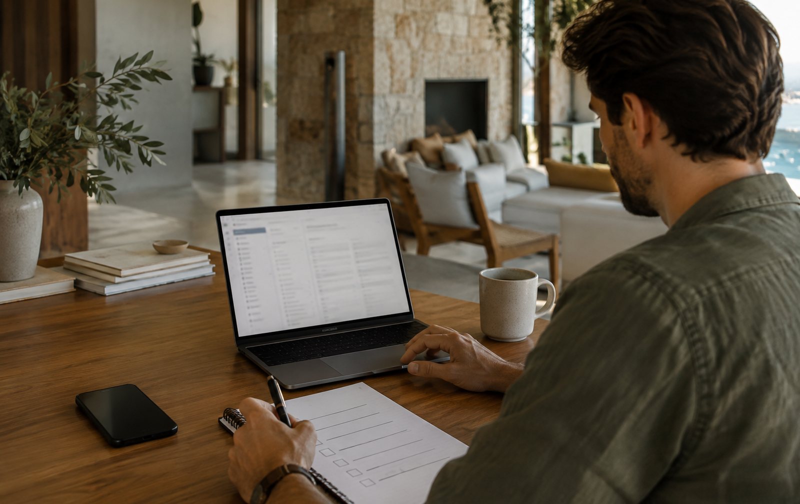 Persona configurando un CRM en el portátil con una lista de pasos en papel