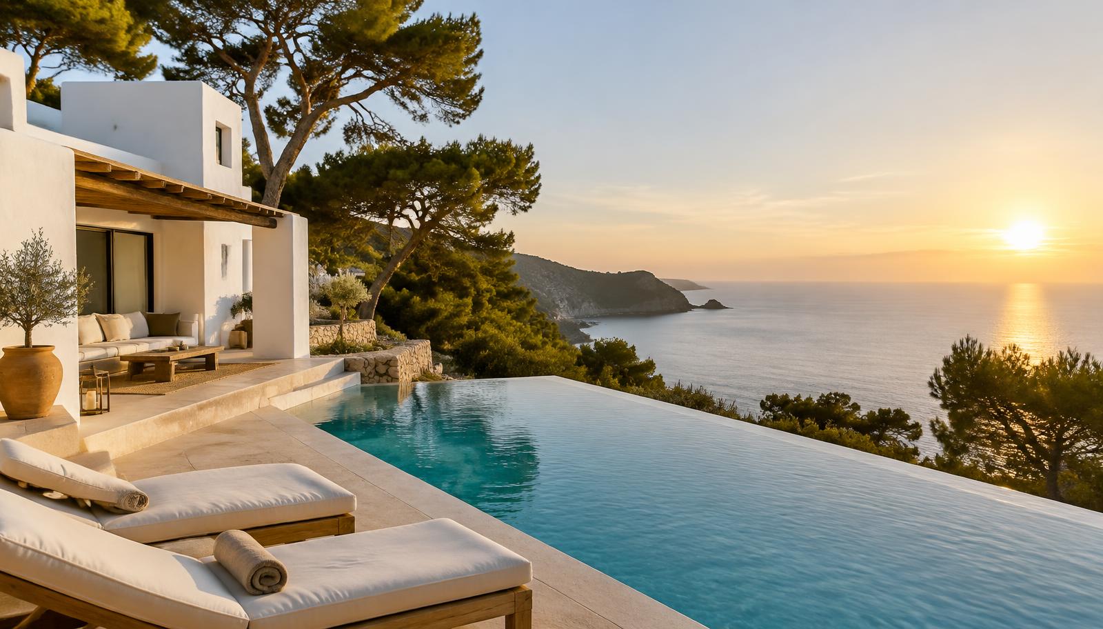 Villa blanca de estilo ibicenco con piscina y vistas al mar al atardecer