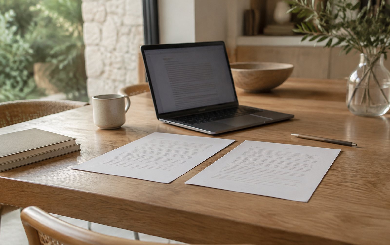 Dos documentos impresos casi iguales sobre una mesa con un portátil