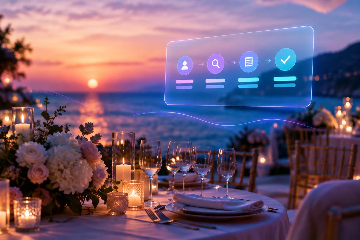 Mesa de boda junto al mar con un panel CRM de etapas