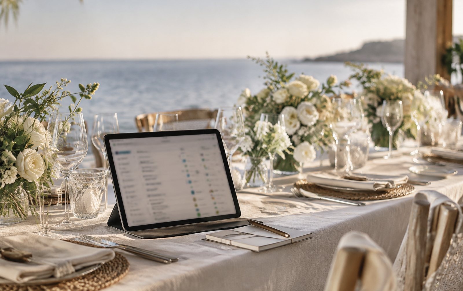 Mesa de boda junto al mar con una tableta mostrando un CRM de solicitudes