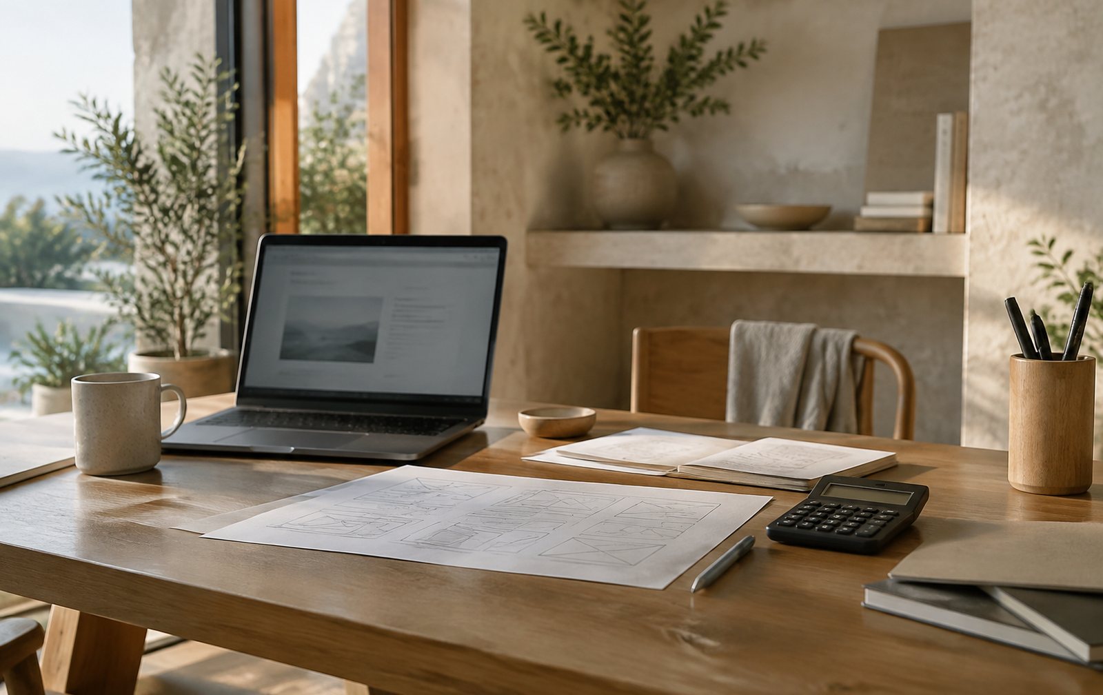 Mesa de estudio con bocetos de una web, una calculadora y un portátil