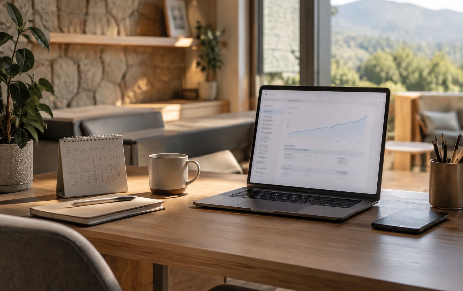 Escritorio con un calendario y un portátil mostrando una curva de tráfico gradual