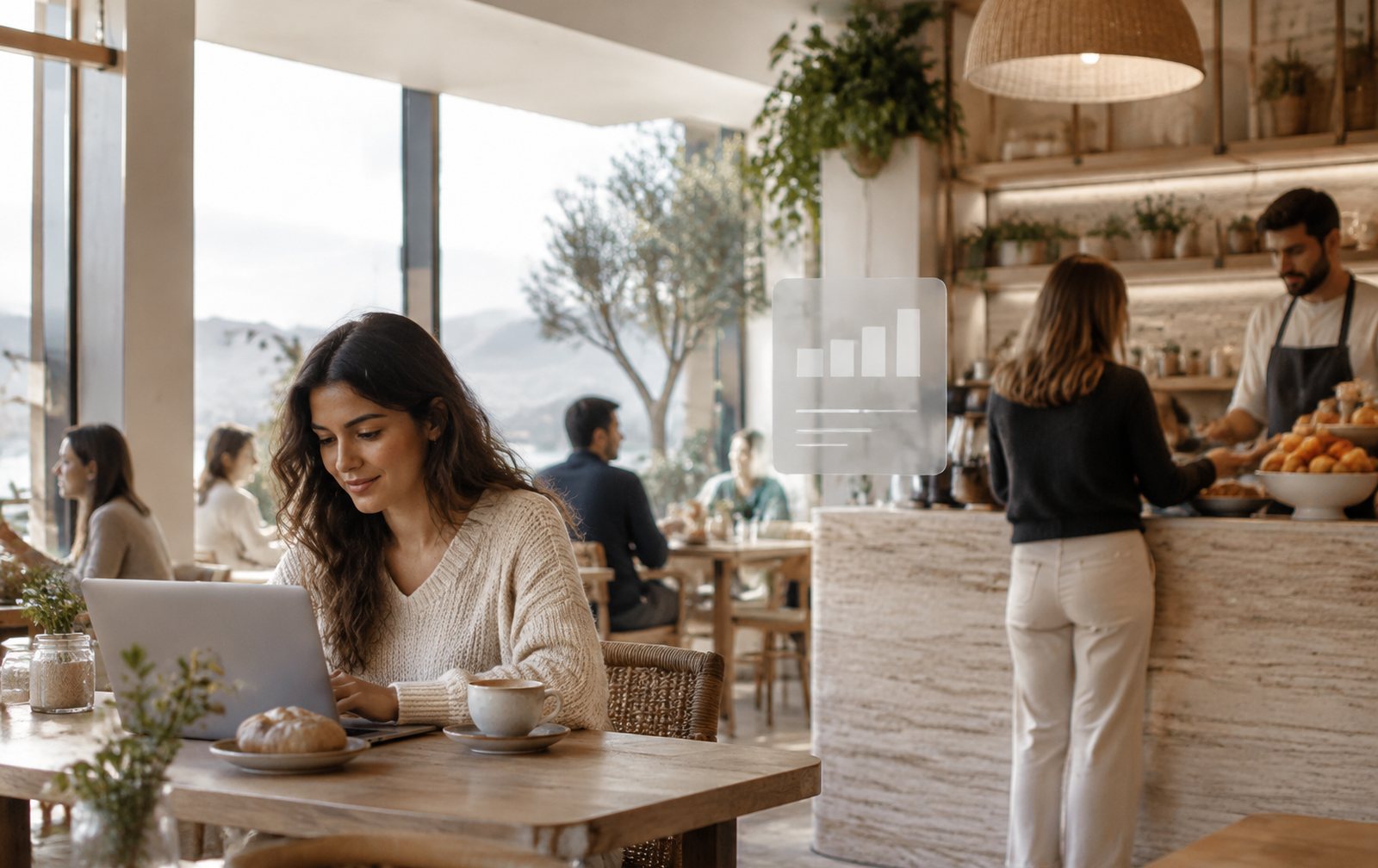 Cafetería mediterránea luminosa en invierno con clientes y una tarjeta de cristal con ingresos estables