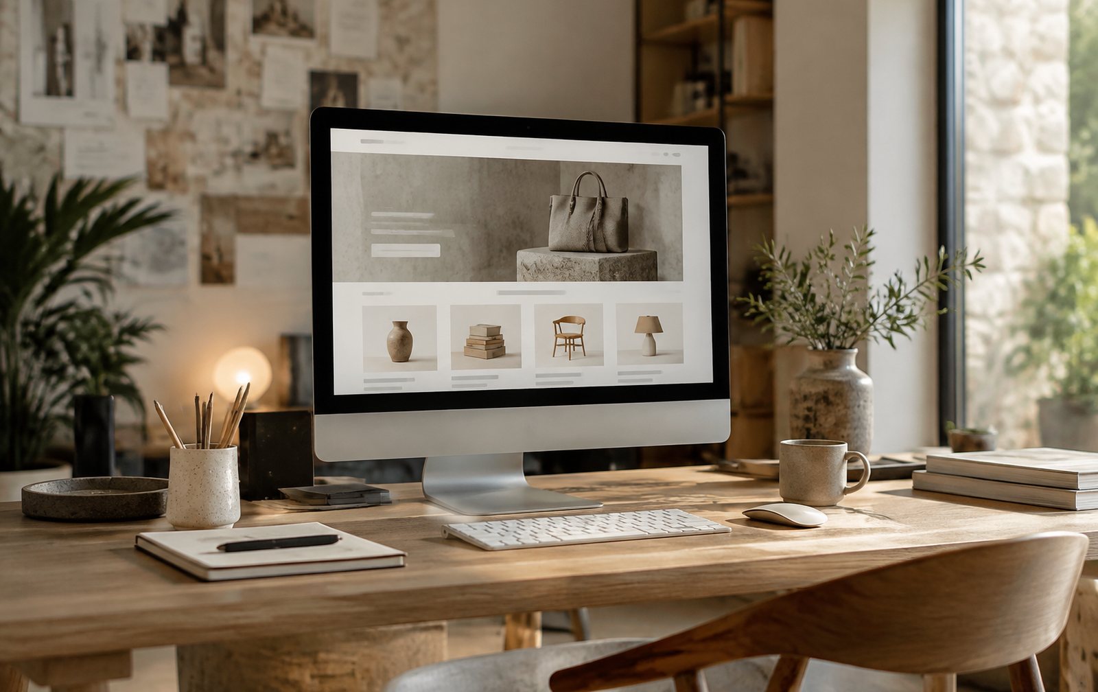 Monitor en un estudio de diseño mostrando una tienda online elegante