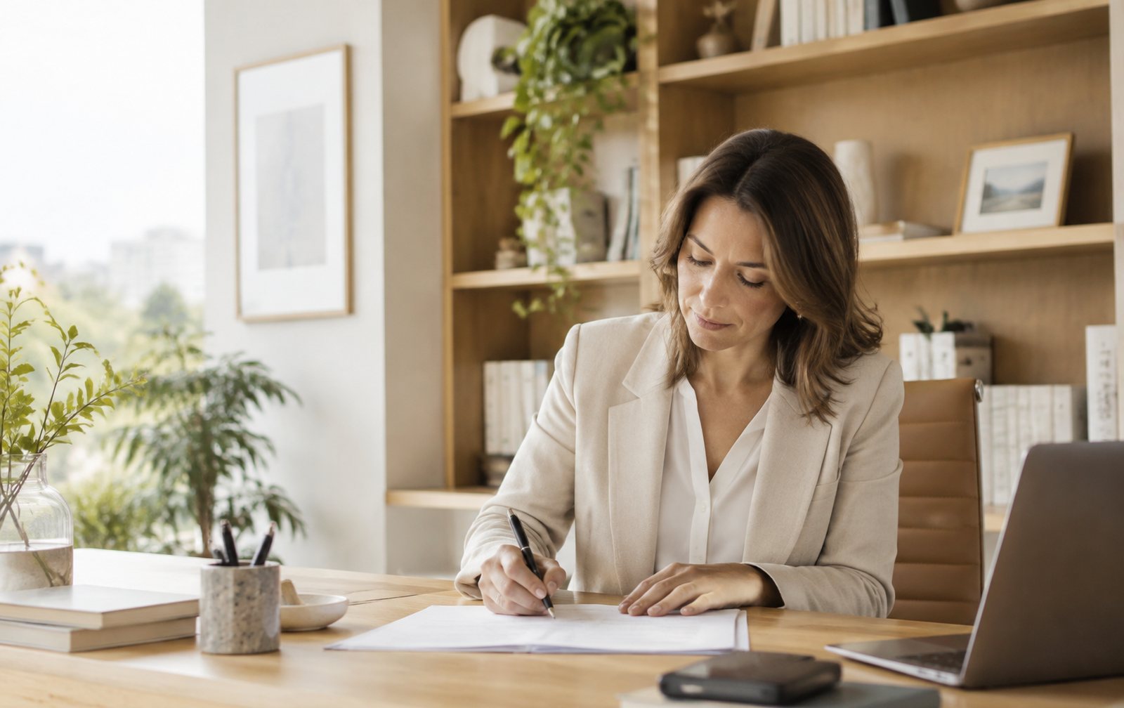 Profesional experta firmando un artículo en un despacho luminoso con estanterías