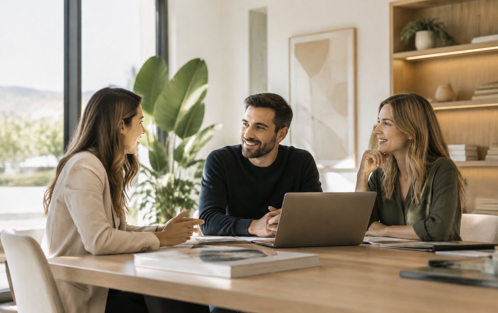 Reunión entre una clienta y una agencia en una oficina luminosa