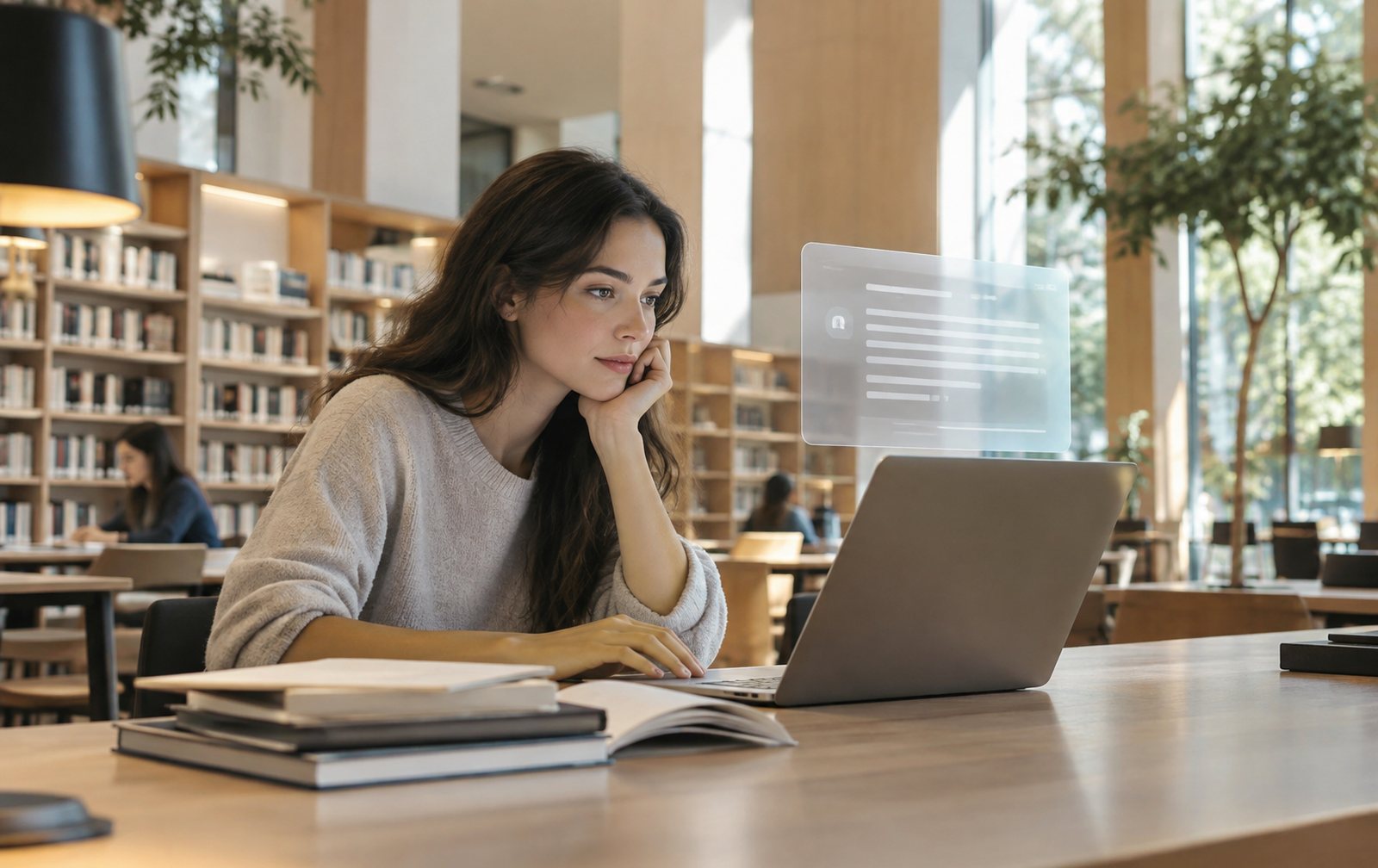 Persona buscando en un portátil en una biblioteca moderna luminosa, con una respuesta de IA en cristal