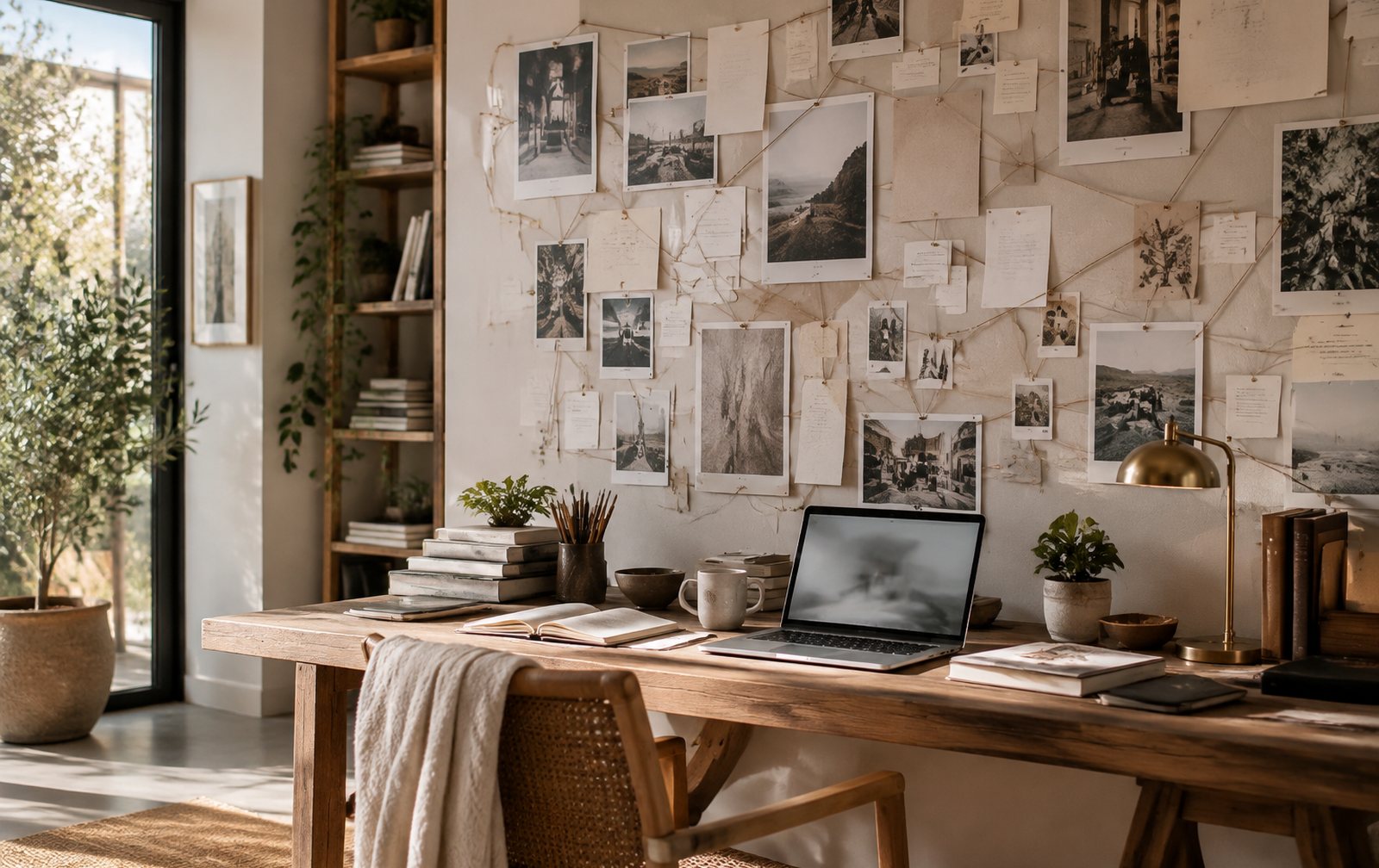 Pared de estudio con fichas de páginas conectadas por hilos junto a un escritorio