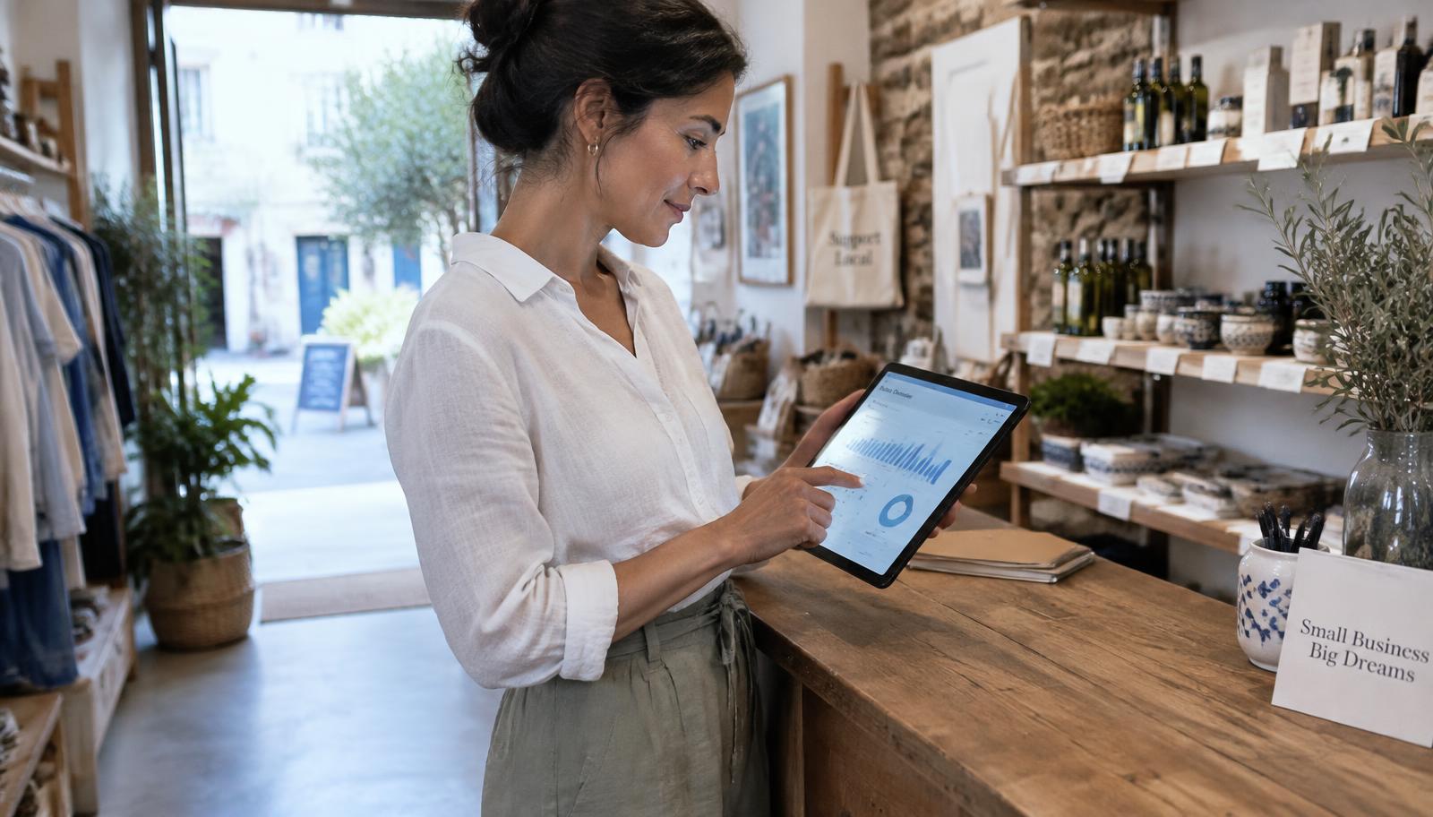 Dueña de una tienda revisando ventas en una tableta junto al mostrador con luz natural