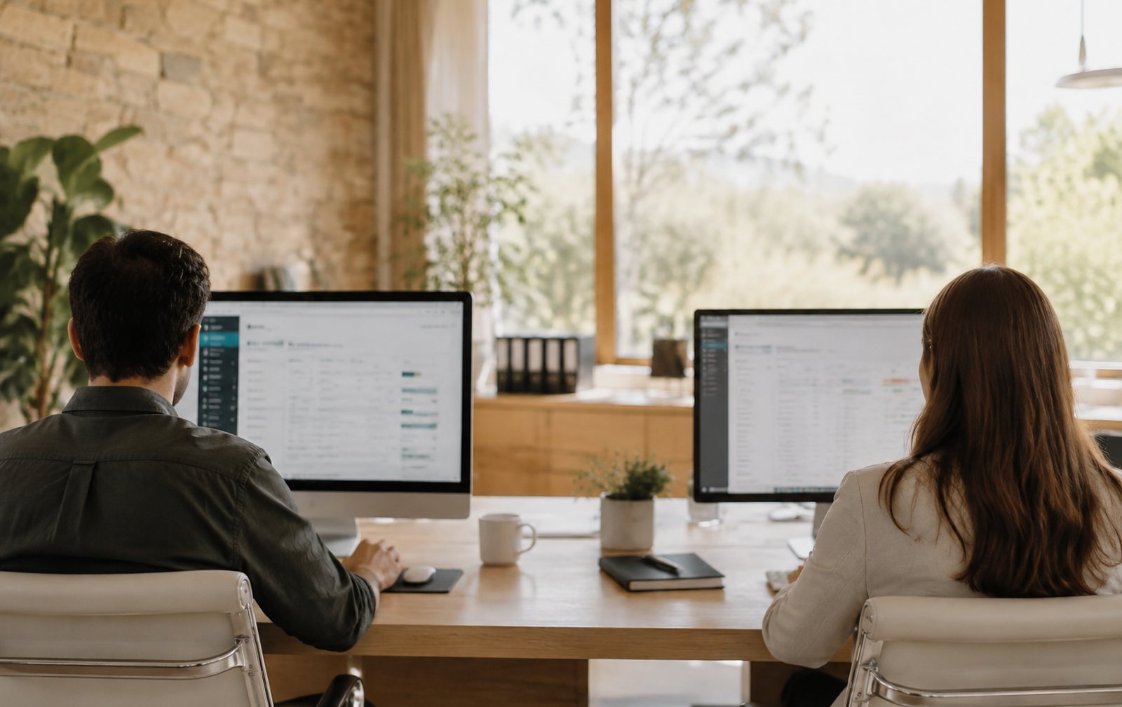 Dos monitores con CRM distintos en una oficina luminosa