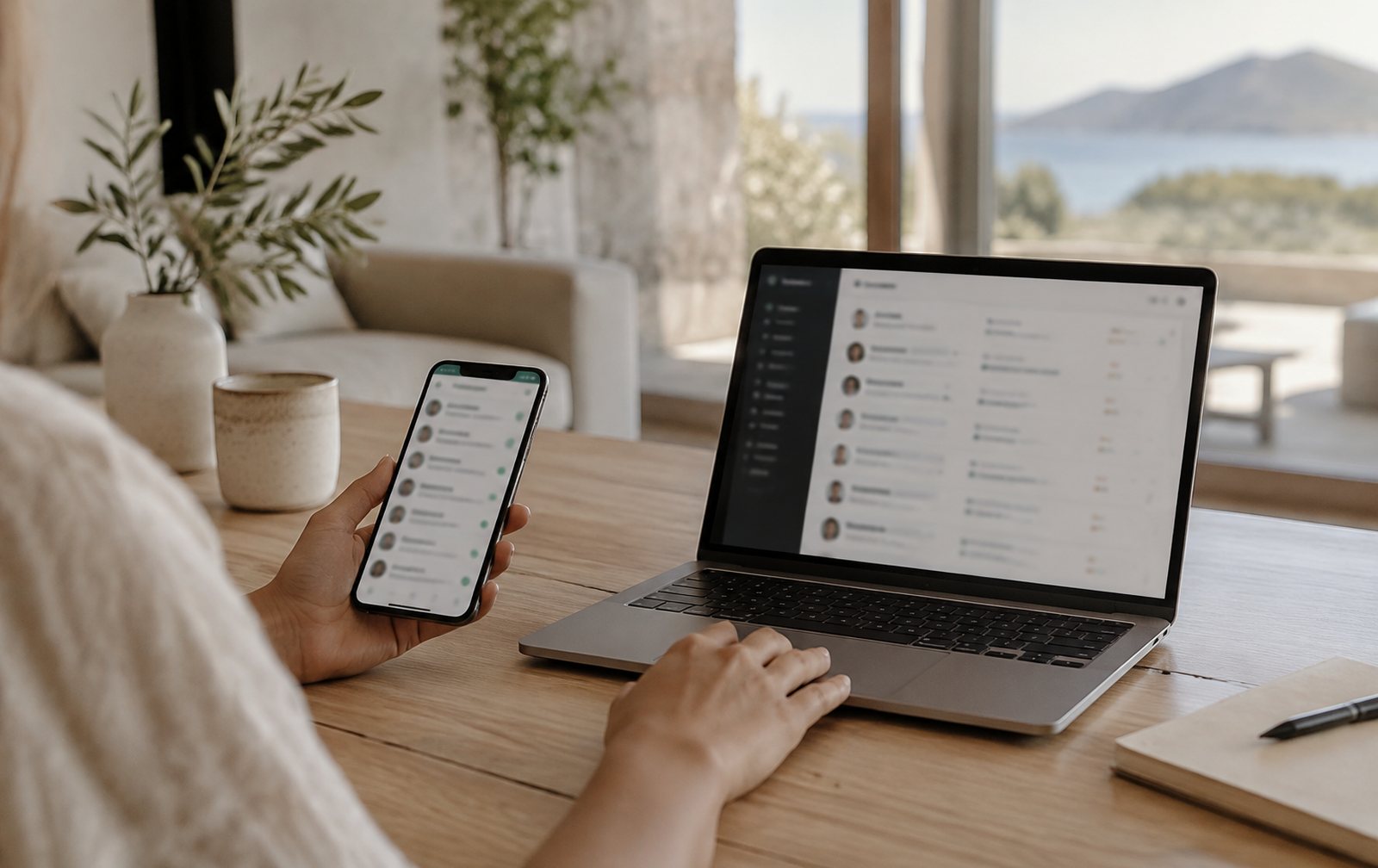 Móvil con WhatsApp junto a un portátil con un CRM de contactos