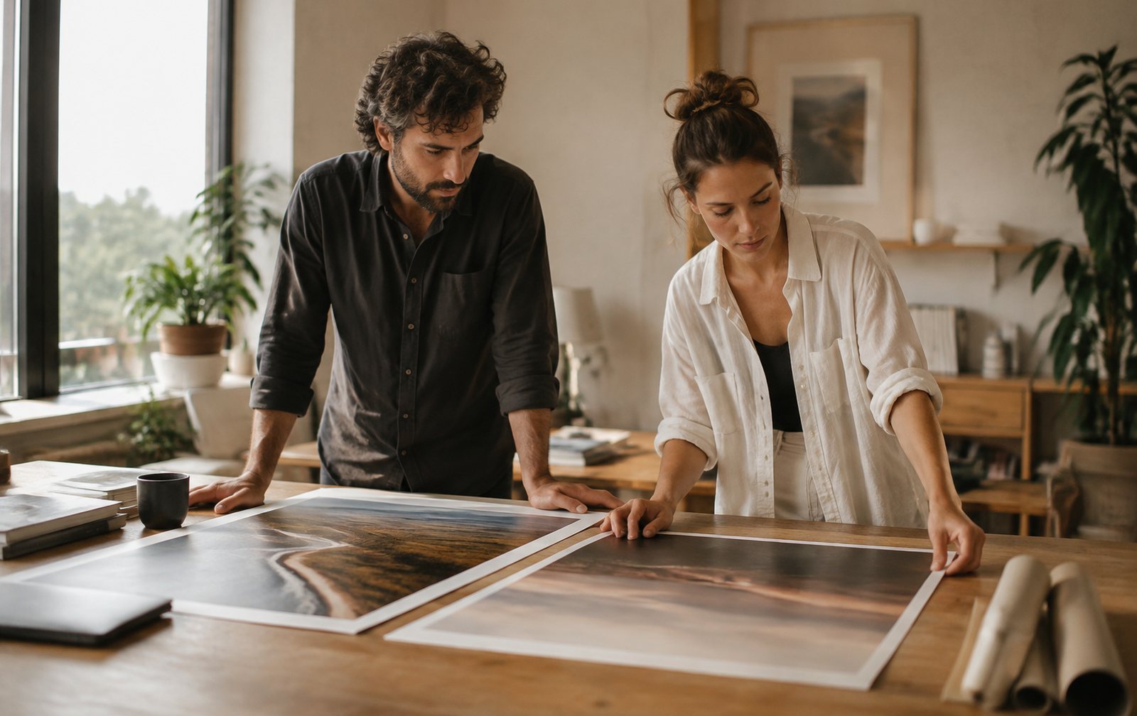 Dos carteles publicitarios impresos comparados sobre una mesa de estudio creativo con luz de ventana