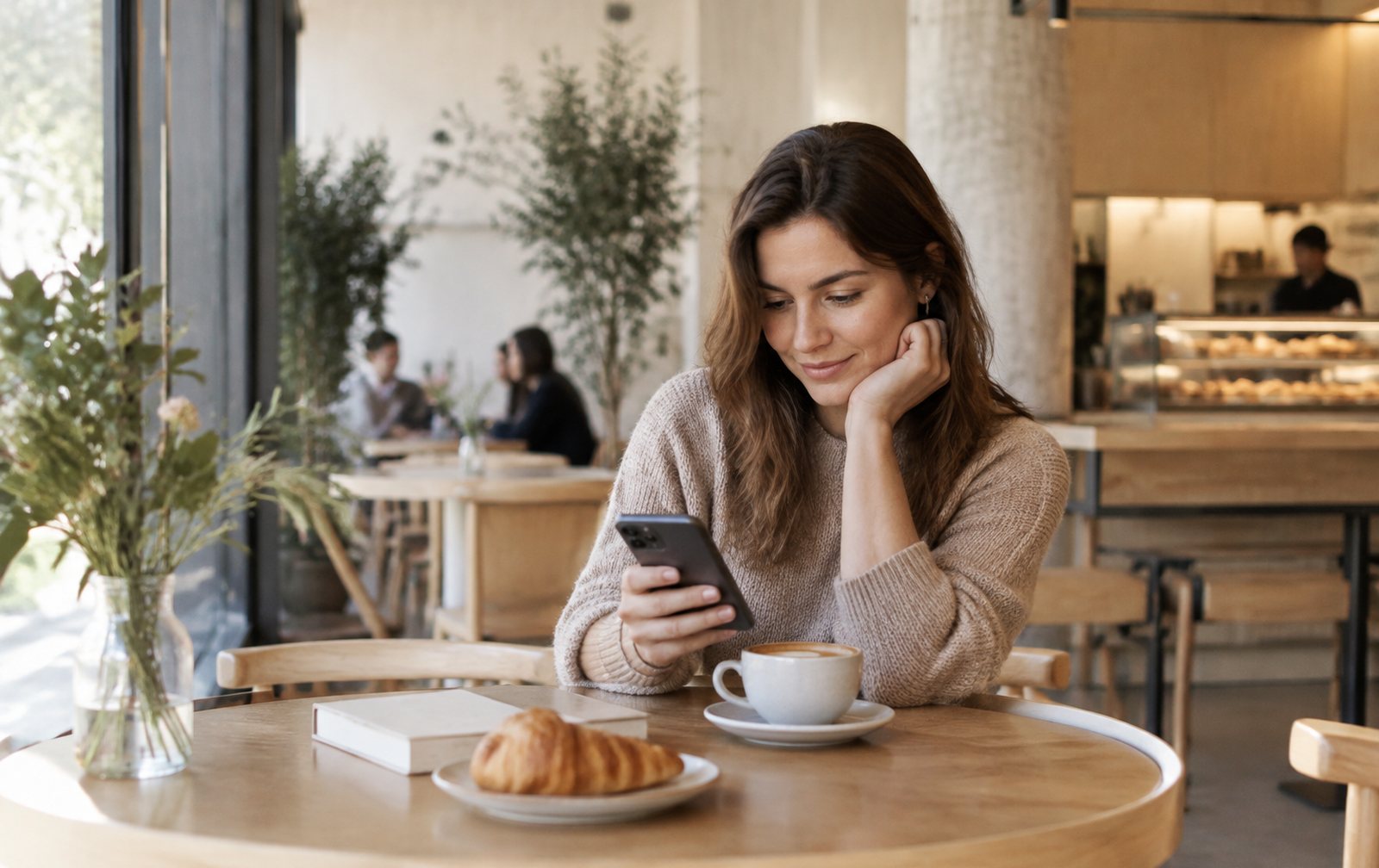 Persona leyendo noticias en el móvil en una cafetería luminosa