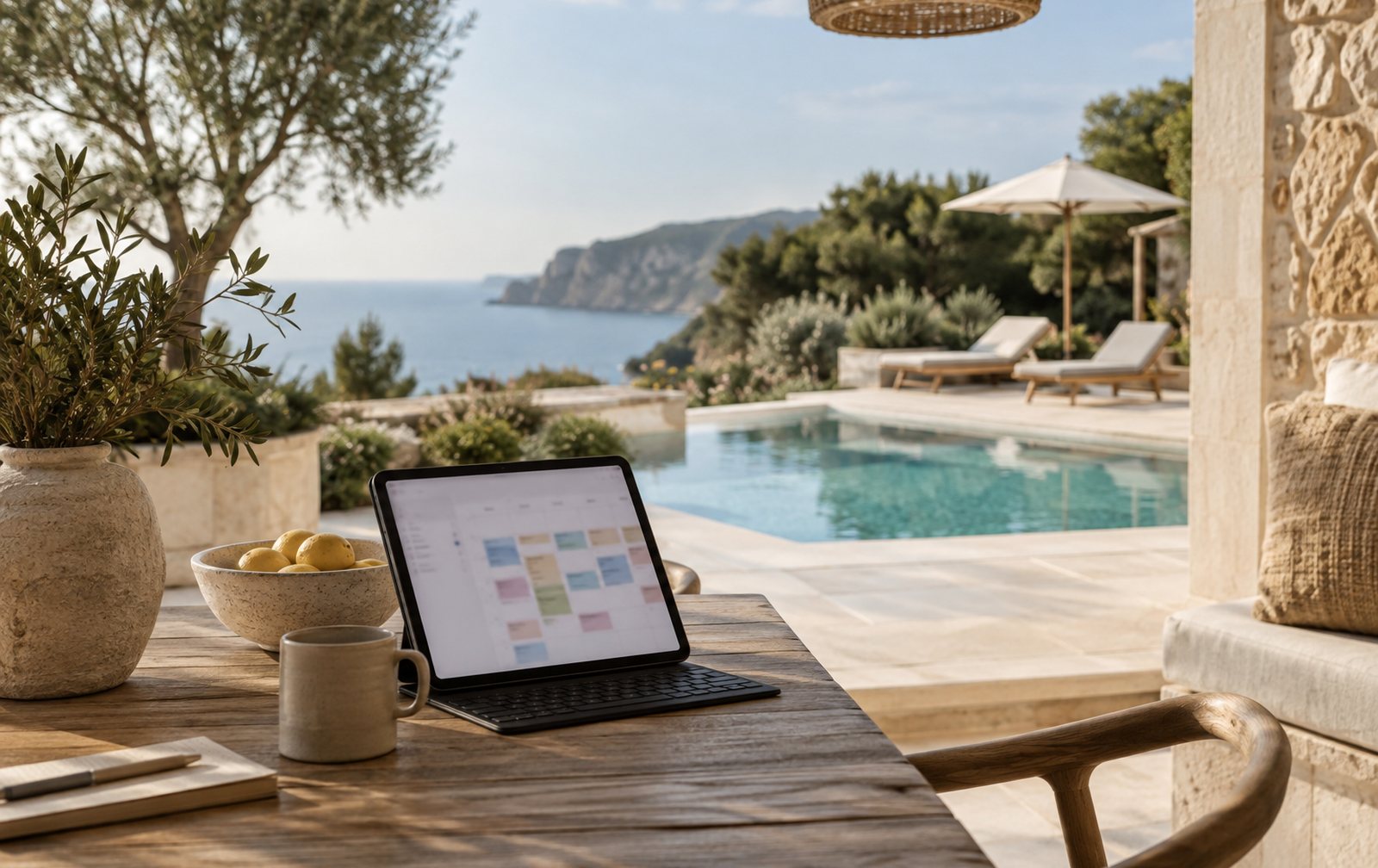 Villa mediterránea con piscina y una tableta con un calendario de reservas