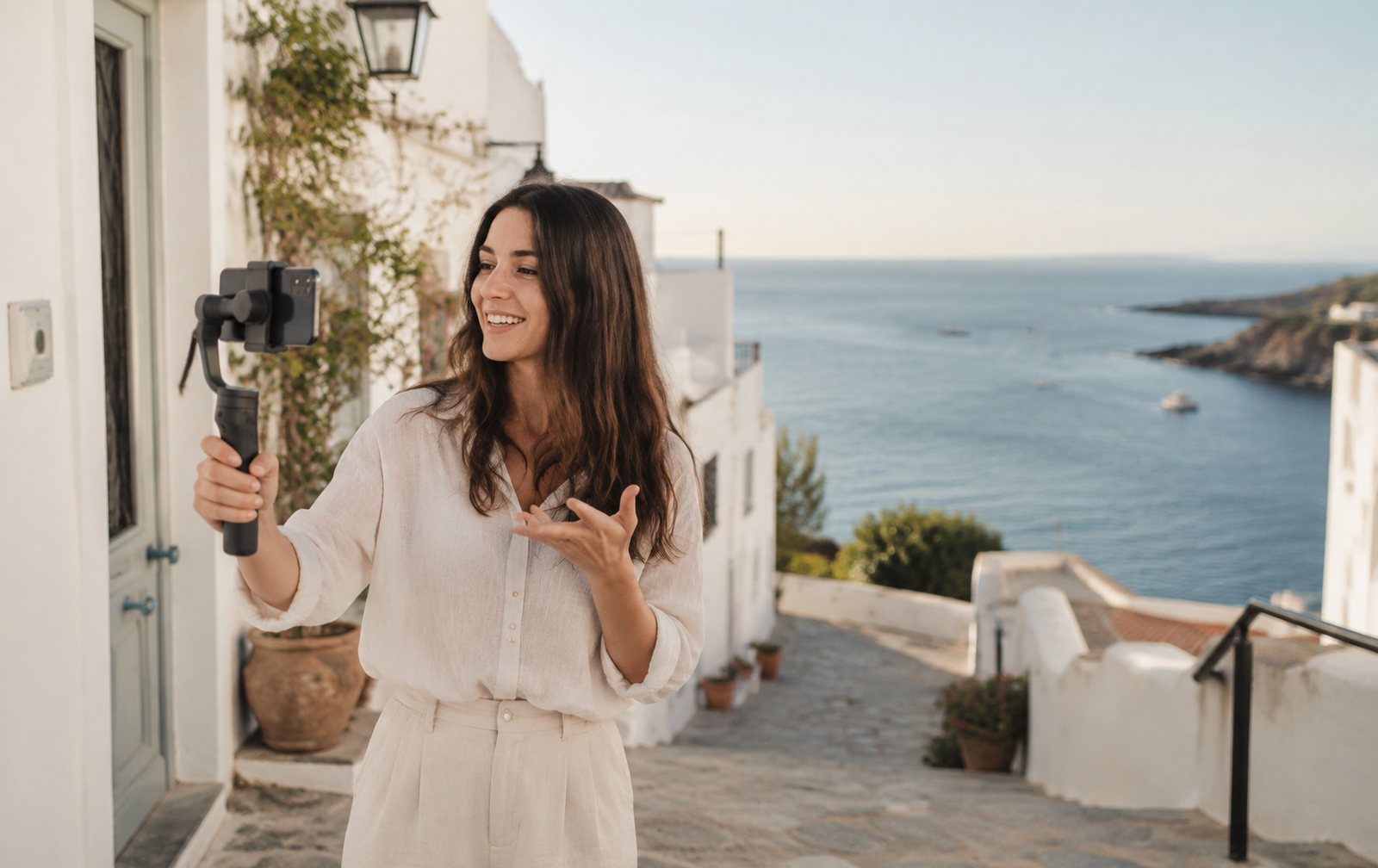 Creadora de contenido grabando con el móvil en una calle blanca junto al mar
