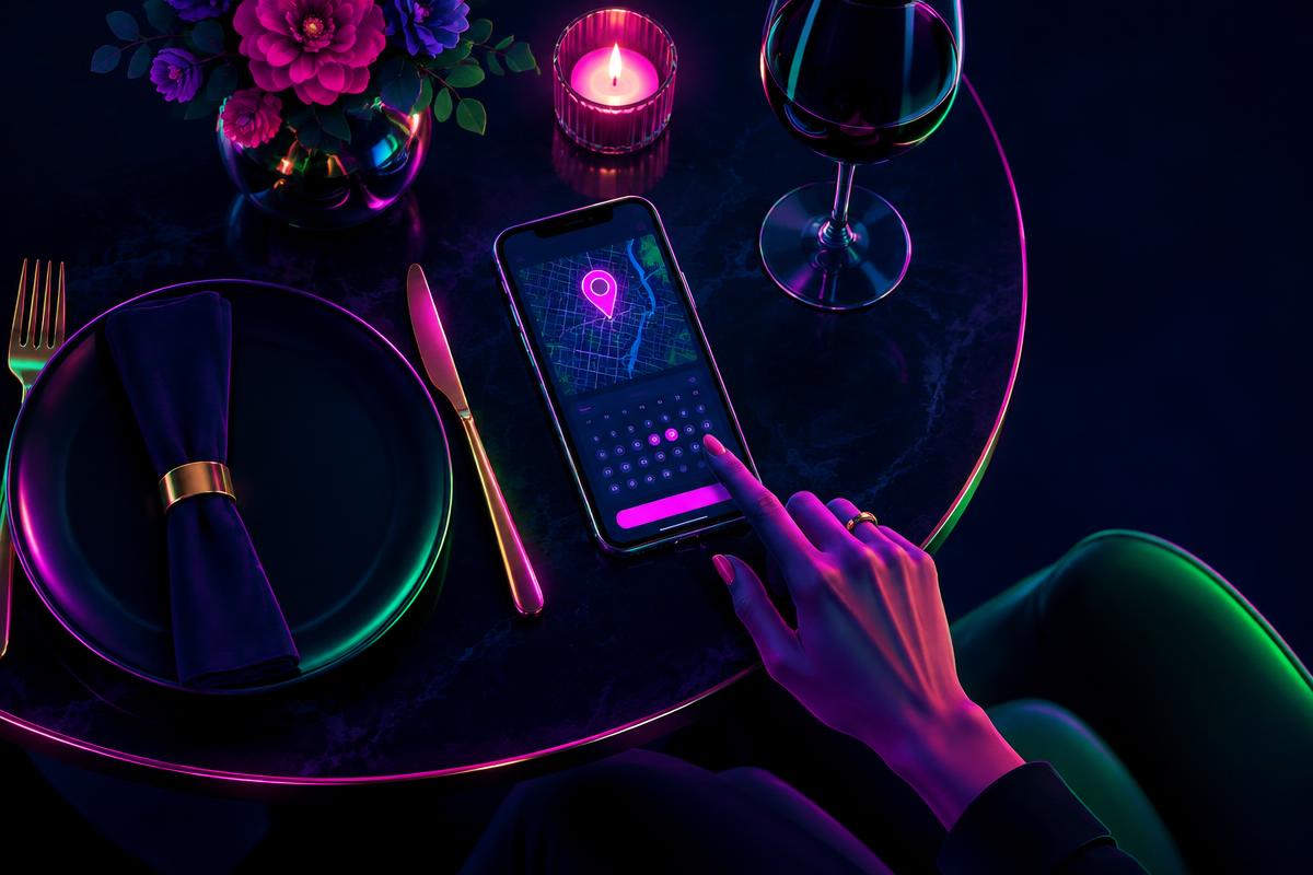 Mesa de restaurante con un móvil mostrando mapa y reserva