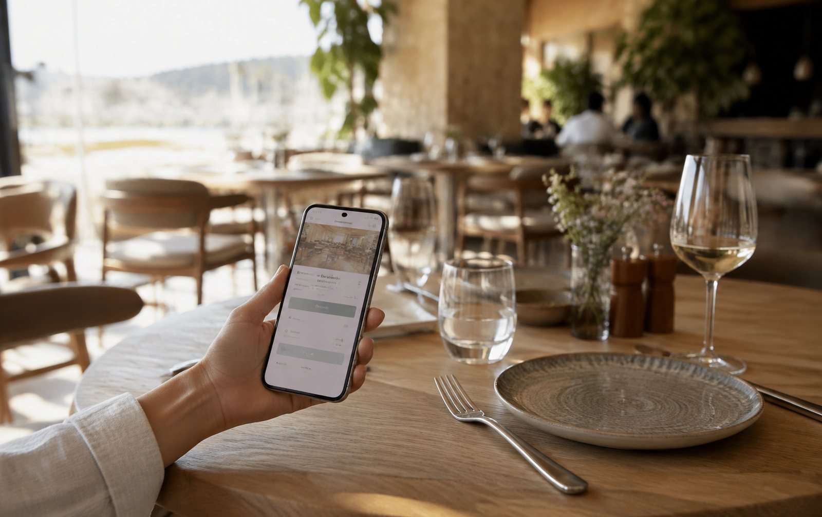 Mesa de restaurante luminoso con un móvil mostrando una reserva