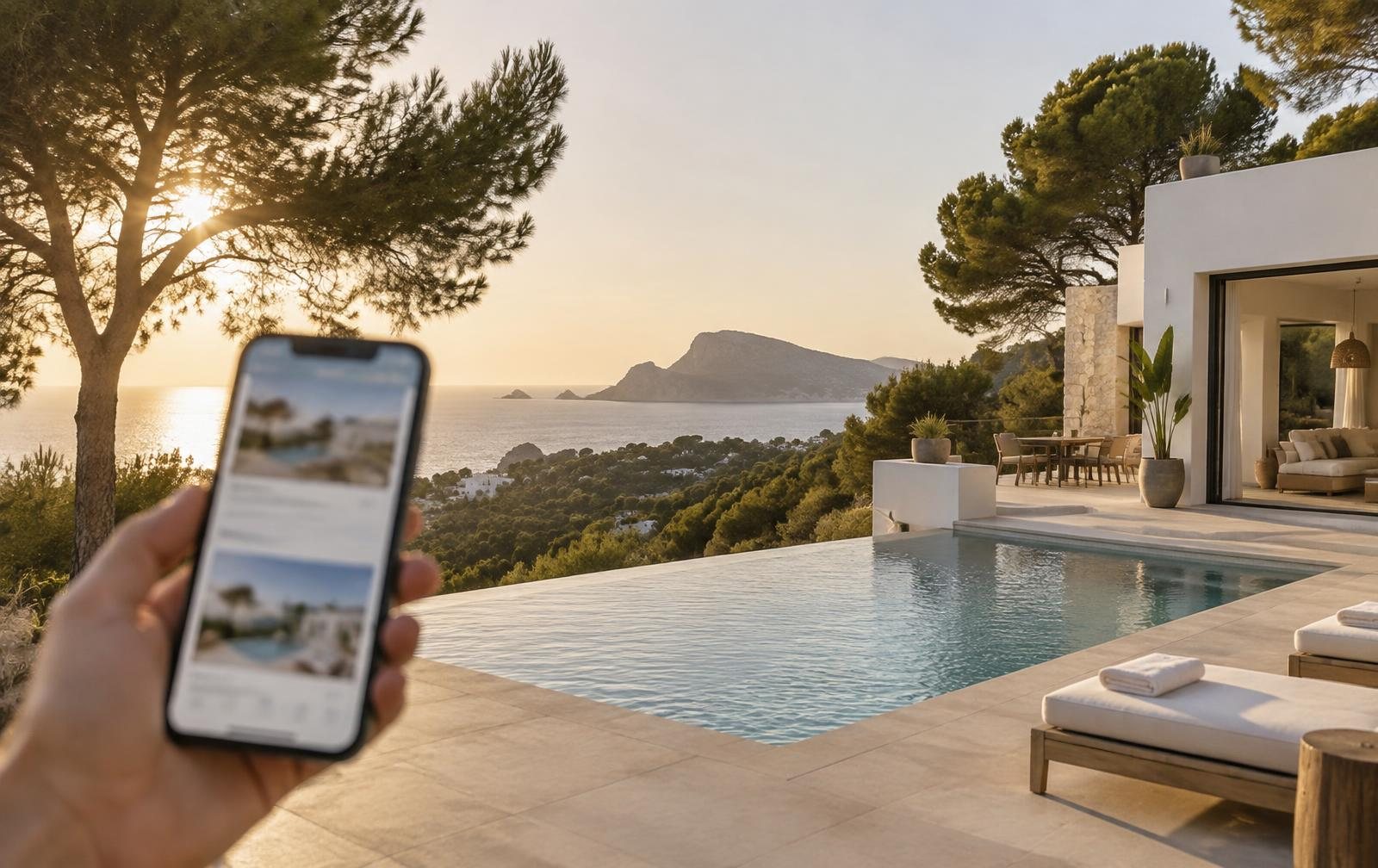 Villa blanca mediterránea con piscina en Ibiza al atardecer suave y un móvil mostrando un anuncio de la propiedad