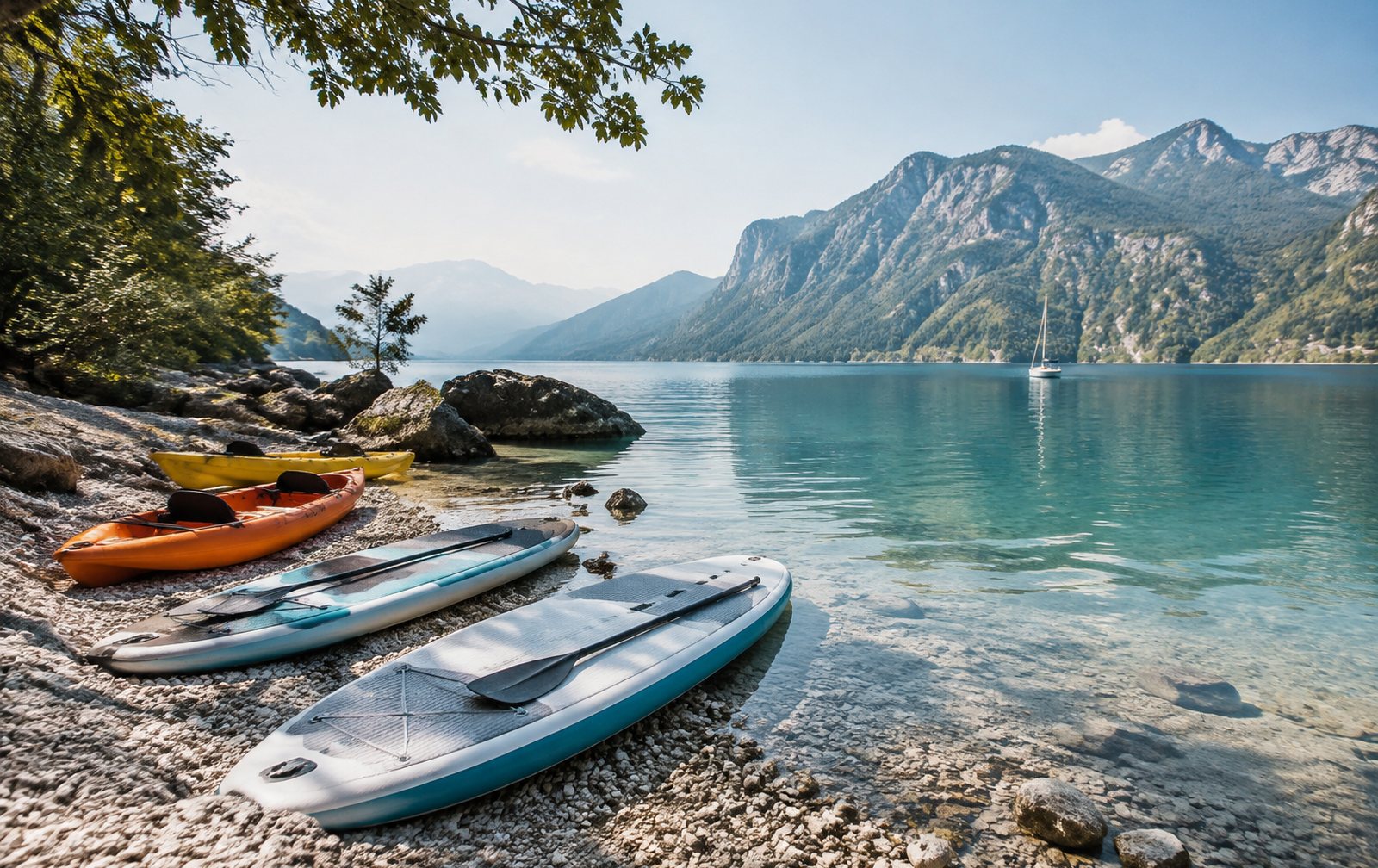 Tablas de paddle surf y kayaks en una orilla de agua cristalina
