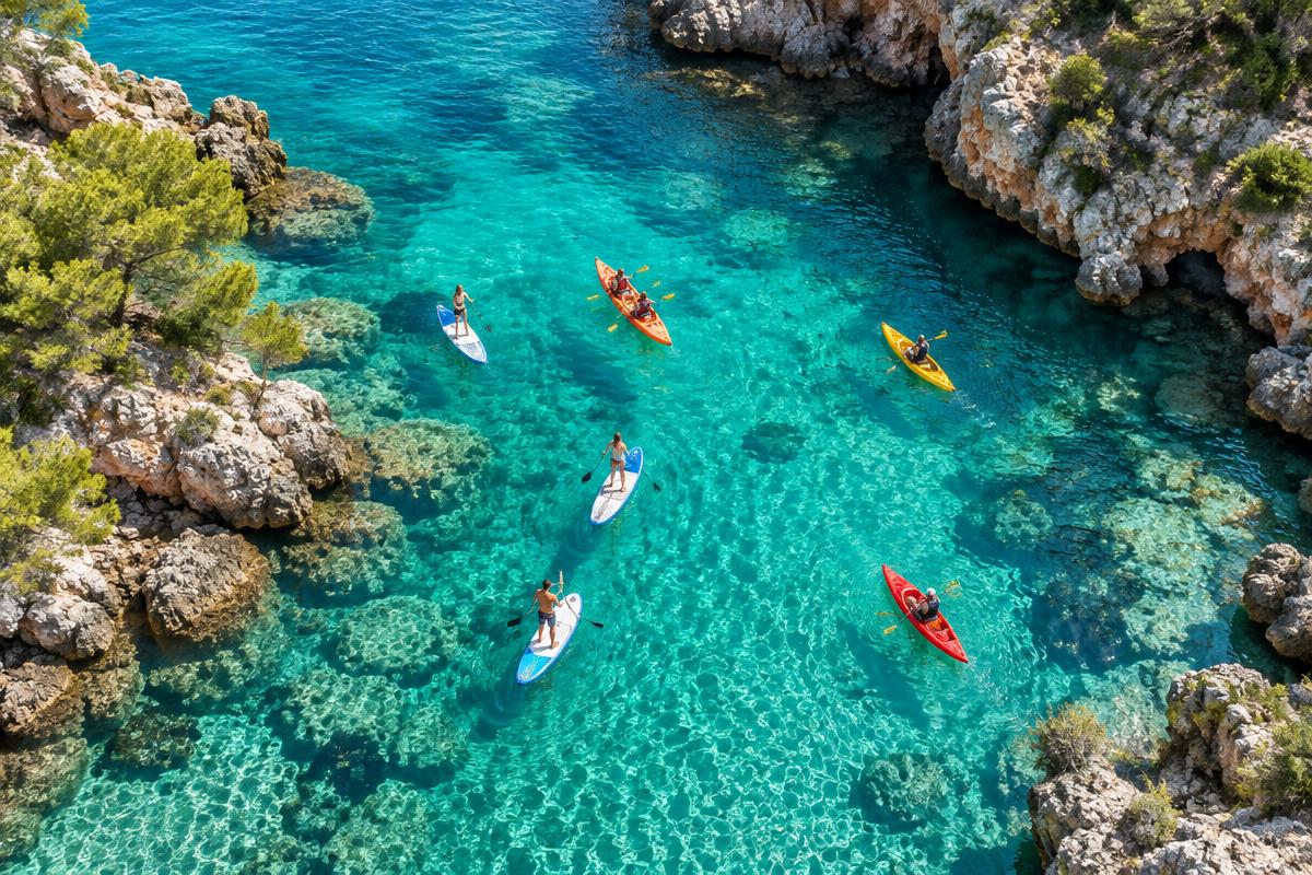 Tablas de paddle surf y kayak en agua cristalina