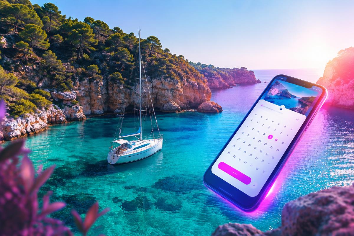 Velero navegando en una cala turquesa junto a un móvil con reservas