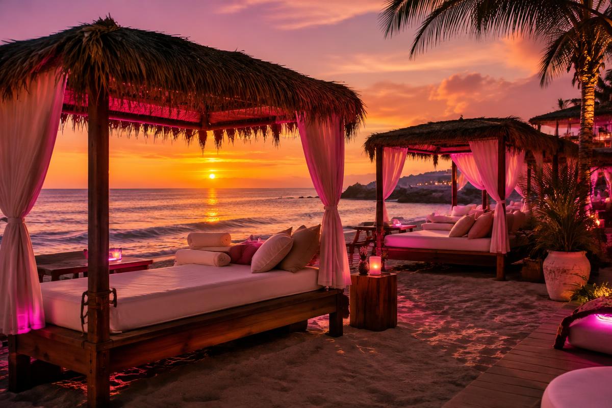 Camas balinesas frente al mar al atardecer en un beach club