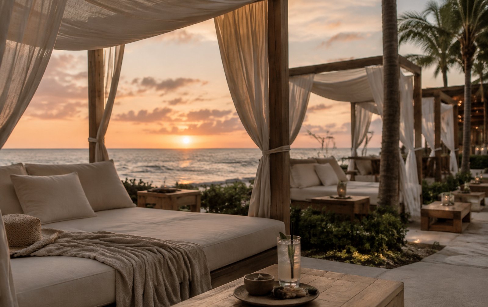 Camas balinesas de un beach club frente al mar al atardecer