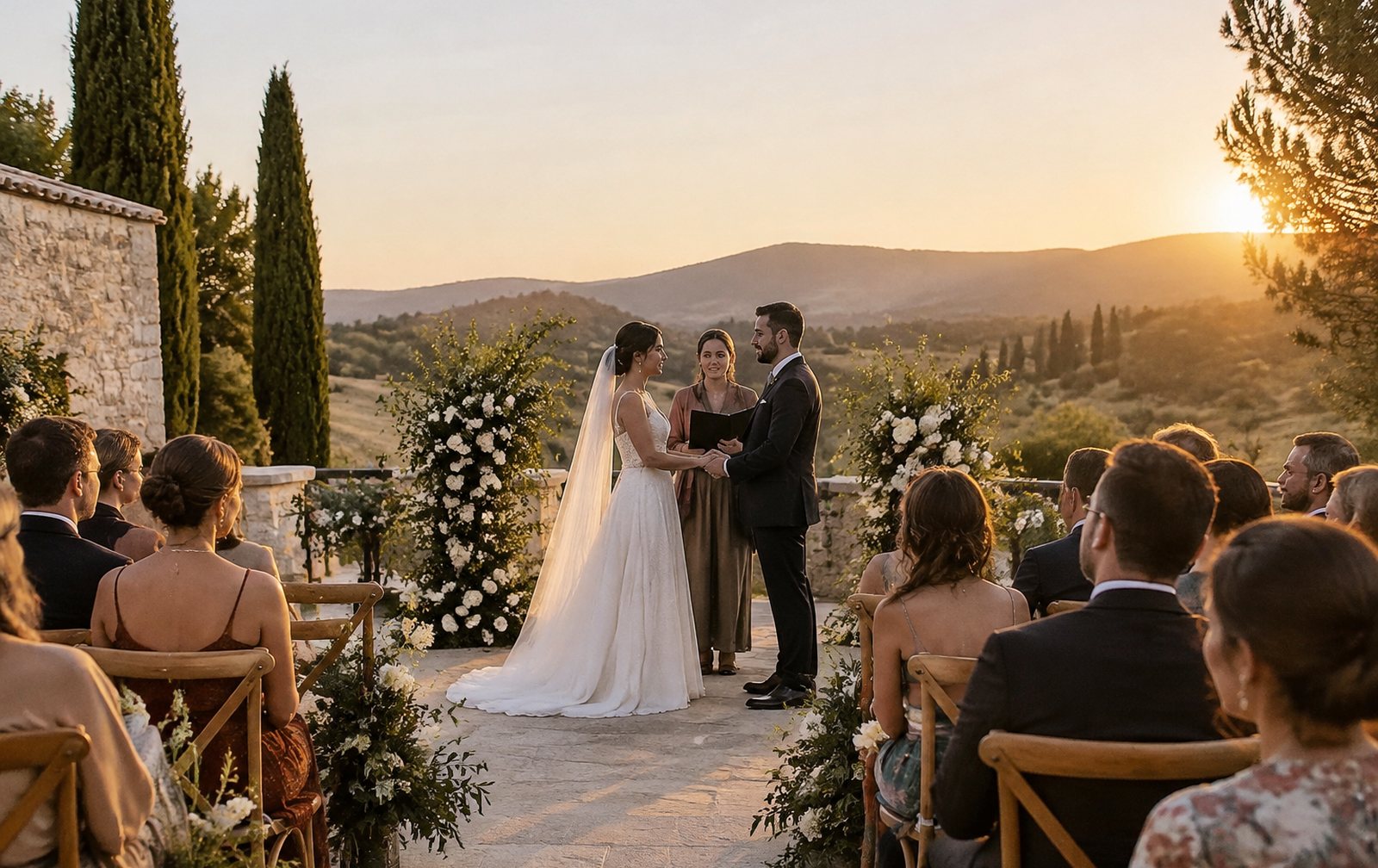 Ceremonia de boda al atardecer en una finca mediterránea