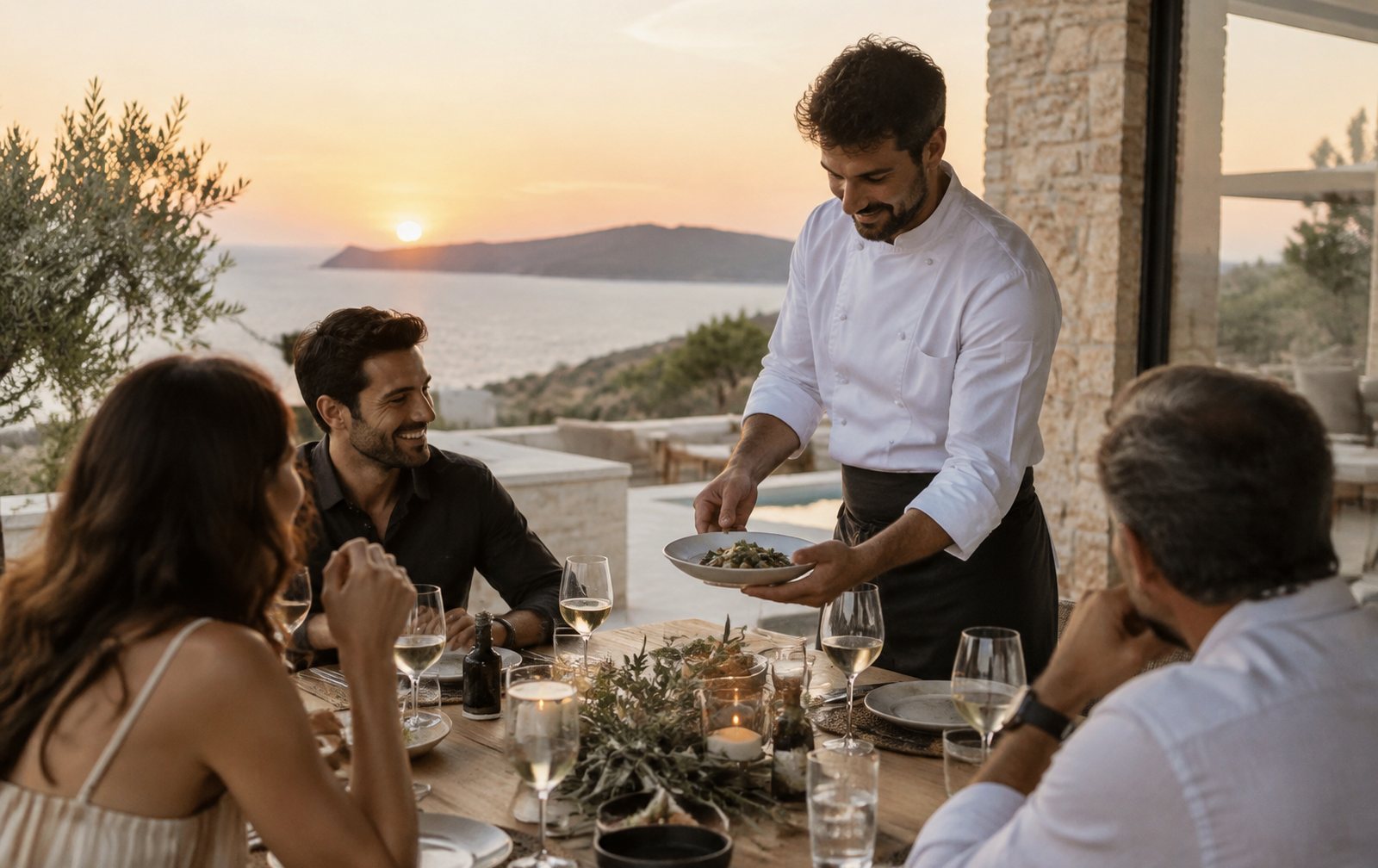 Chef privado sirviendo una cena en la terraza de una villa