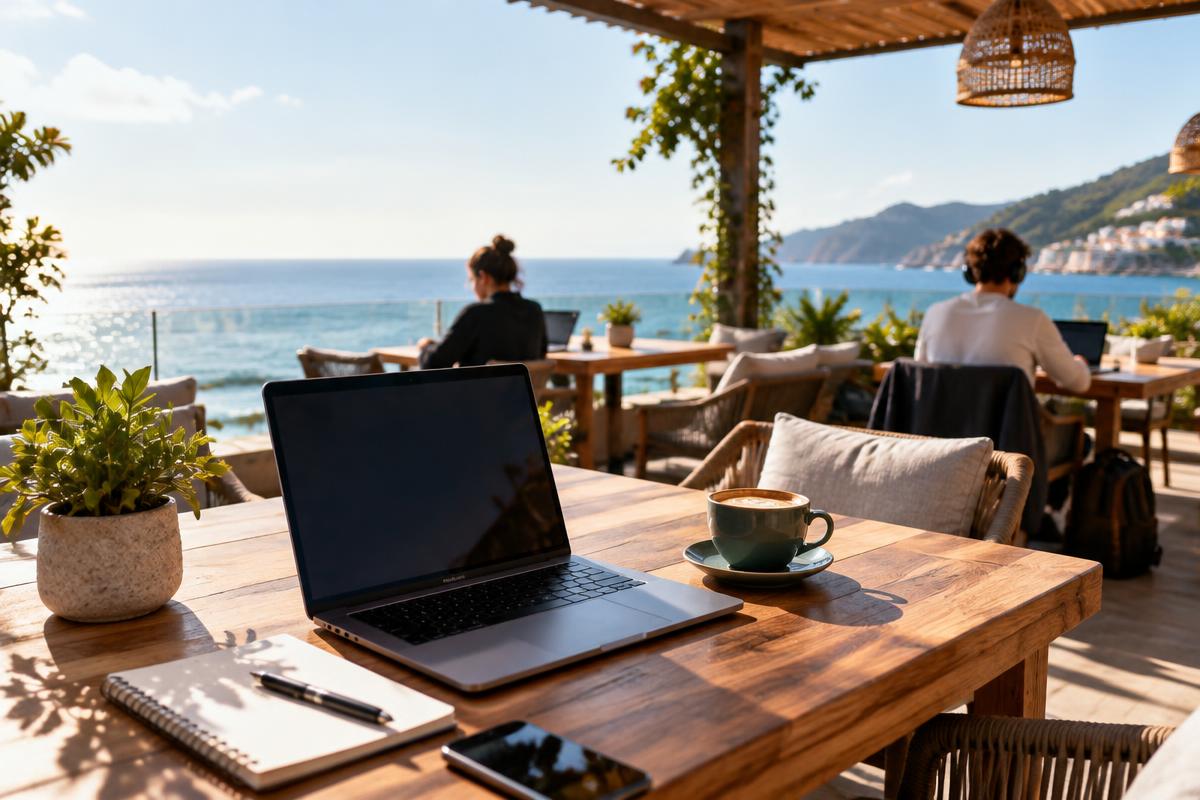 Portátil en una terraza de coworking con vistas al mar