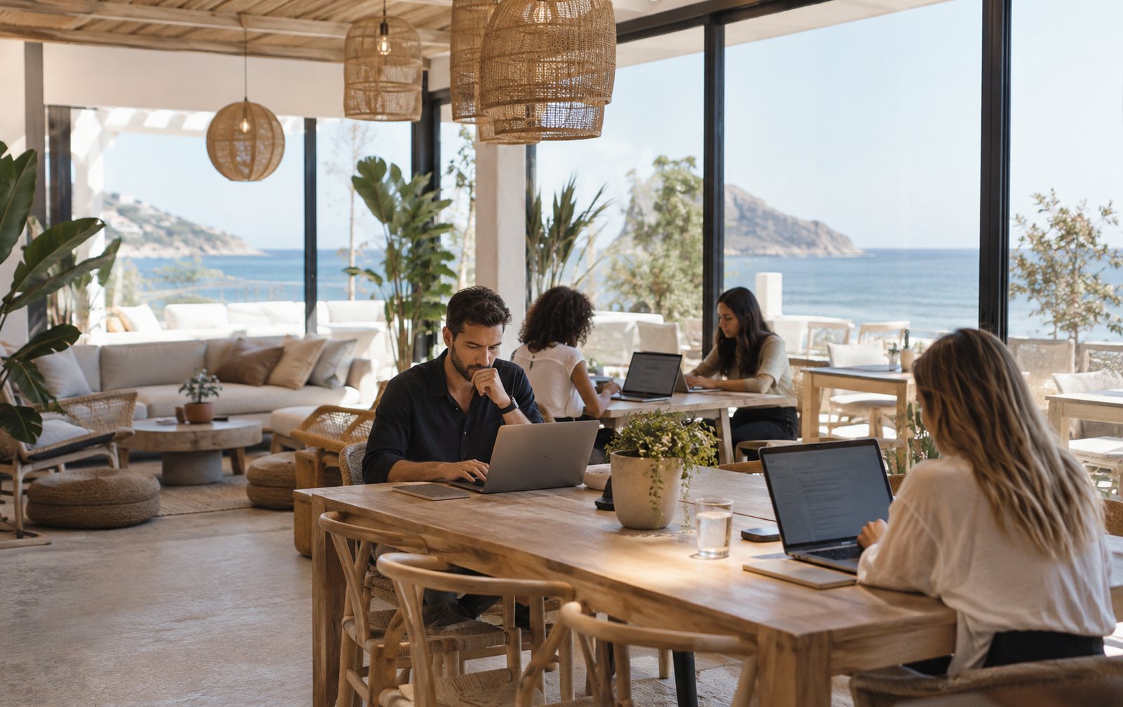 Coworking luminoso con vistas al mar y personas trabajando con portátiles