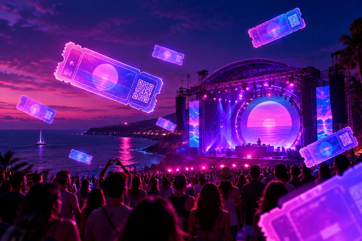 Escenario con luces de neón y entradas digitales para un evento