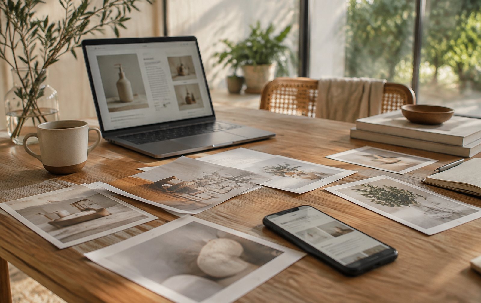 Mesa de estudio creativo con varias fotos de producto impresas distintas y un móvil con anuncios en pantalla