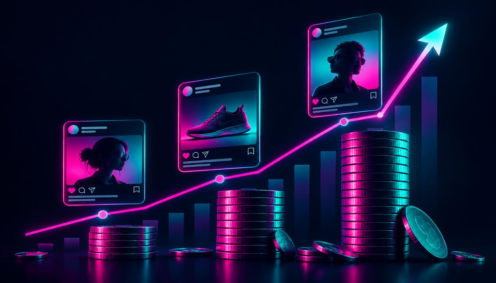 Anuncios de redes sociales sobre una gráfica de precios al alza con monedas