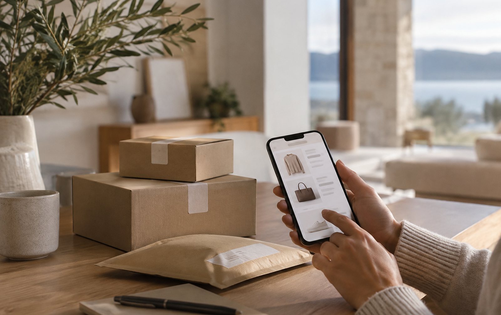 Móvil mostrando un carrusel de productos junto a paquetes de una tienda online