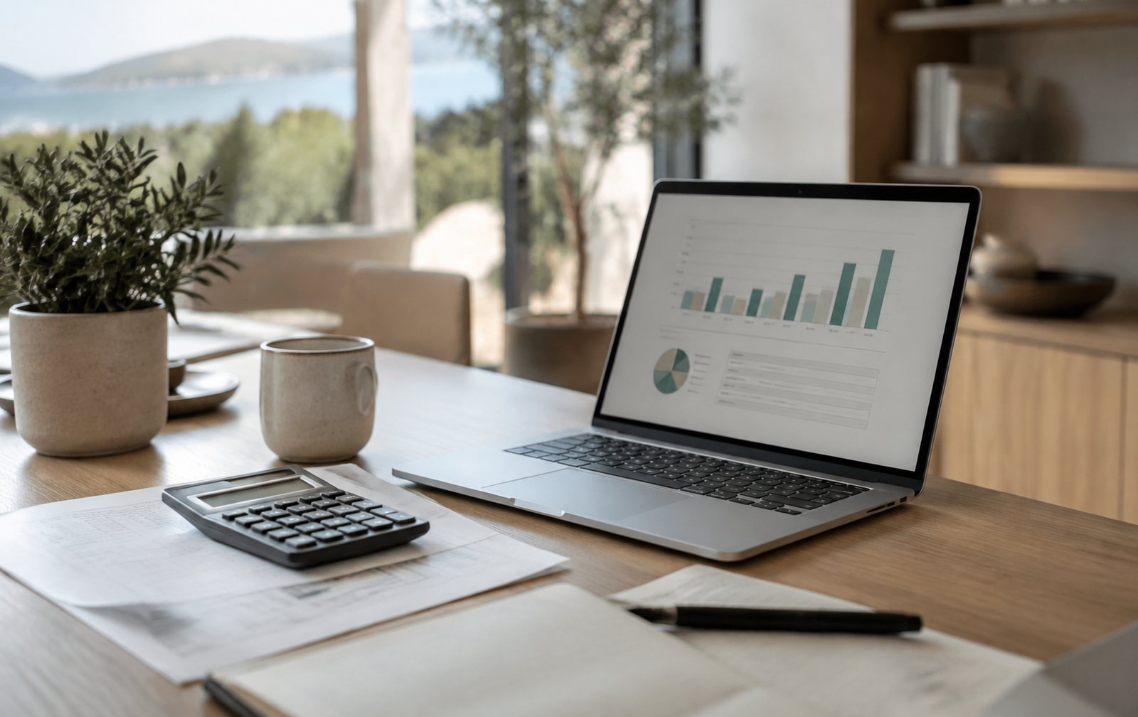 Escritorio con una calculadora y un portátil mostrando ingresos frente a inversión