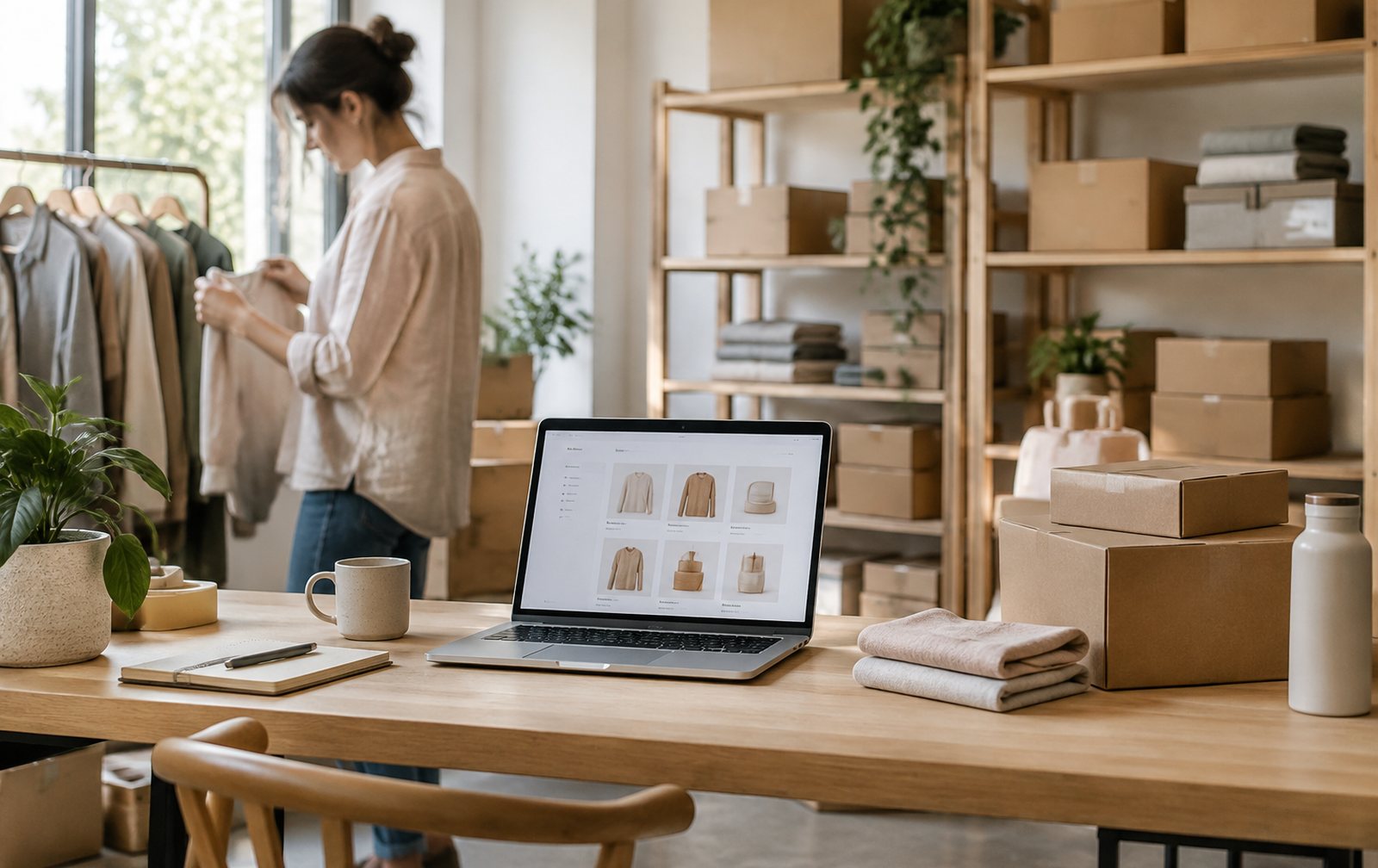 Almacén de una tienda online ordenado con un portátil mostrando fichas de producto
