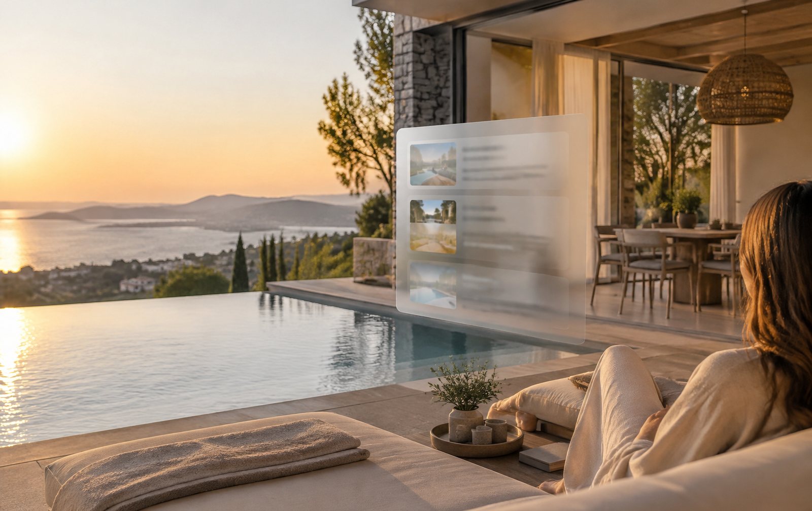 Villa de lujo con piscina y una tarjeta de cristal con un resultado de búsqueda